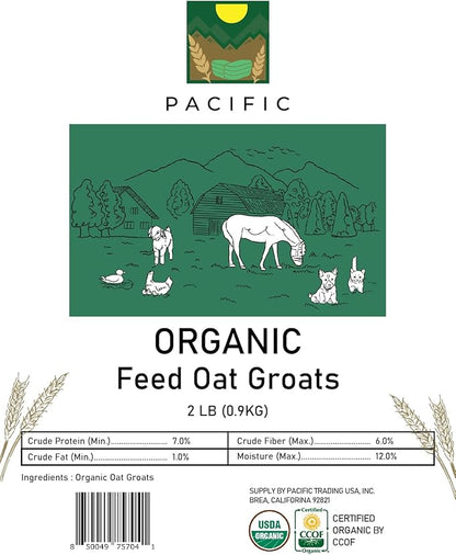 PACIFIC Organic Petfood Organic Feed Oat Groats - Oat Groats for Birds | Rich with Fiber & Minerals | USDA and CCOF Certified | Packed in USA | 2Lbs