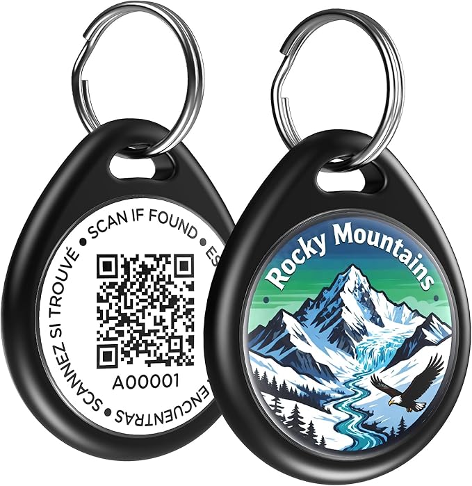 Dog Tags Personalized for Pets, Rocky Mountains QR Code Dog Name Tags for Pet Collar, Online Profile, Scan Location Alerts, (Black Rocky)