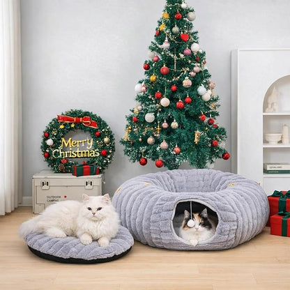 Dogpals Ultra-Soft Cat Tunnel Bed - Soft Washable Cushion, Peekaboo Hideaway Cave for Indoor Cats, Kittens, Puppies, and Rabbits - Deluxe Upgraded with Luxurious Striped Hare-Feel Fabric (Grey)