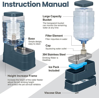 Auto Dog Water Dispenser with Stainless Steel Bowl Feeder for Pets | Automatic Cat Water Dispenser Gravity Water Feeder Dog Waterer for Puppy Kitten Pets (Include Filter &Ice Pack) 2.2Gal Navy