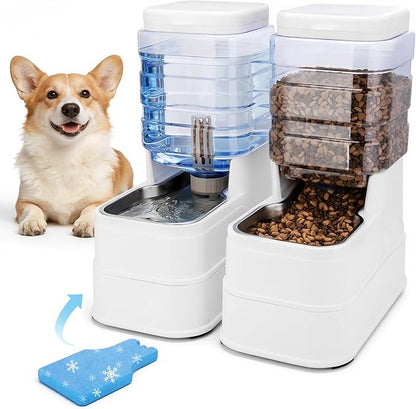 Automatic Cat Feeder and Water Dispenser with Stainless Steel Bowl with Ice Pack Gravity Food Feeder and Waterer Set Feeding Raised Bowls with Filter for Dog 1.3 Gallon x 2(White)