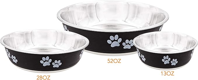 Fuzzy Puppy Food & Water Bowl for Dogs & Cats | Designer Series: Paw Print Detail, Stainless Steel & Black, 52 oz (FPP-Black L)