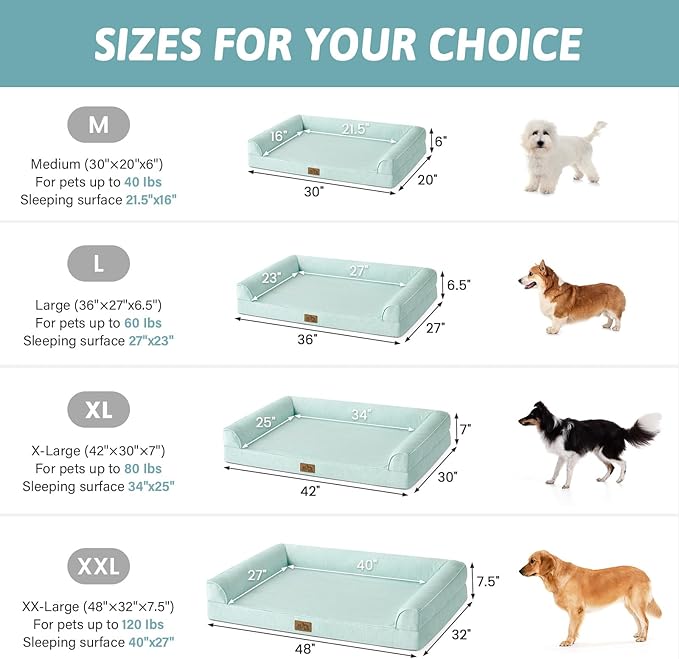 Cooling Dog Bed, Orthopedic Foam Dog Bed with Sides, Removable Washable Cover & Waterproof Lining and Nonskid Bottom, Comfortable Pet Beds for Small Dogs, Green (30" L x 20" W x 6" Th)