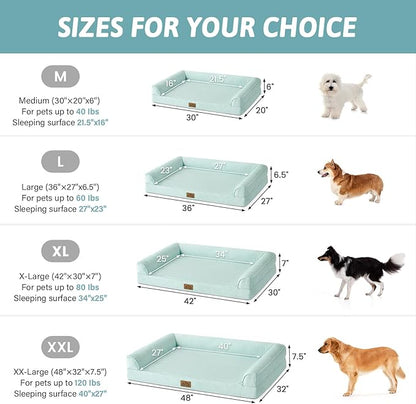 Cooling Dog Bed, Orthopedic Foam Dog Bed with Sides, Removable Cover & Waterproof Lining and Nonskid Bottom, Comfortable Pet Beds for Extra Large Dogs, Green (48" L x 32" W x 7.5" Th)