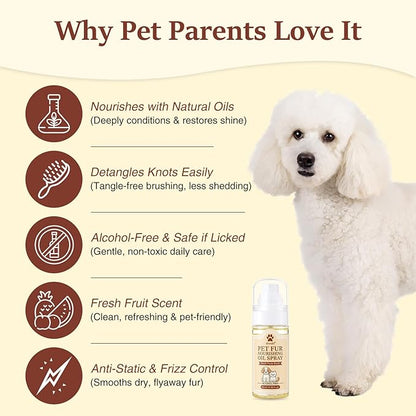 Dog & Cat Fur Oil & Coat Conditioning Spray – Leave-In Detangler & Conditioner Reduces Shedding with Coconut & Jojoba Oil – Natural,Alcohol-Free – Soft, Shiny Fur for Doodles, Poodles & Toy Breeds