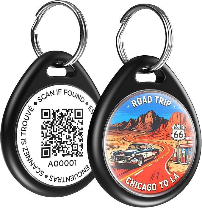 Dog Tags Personalized for Pets, Route 66 Pattern QR Code Dog Name Tags for Pet Collar, Online Profile, Scan Location Alerts, (Black Route)