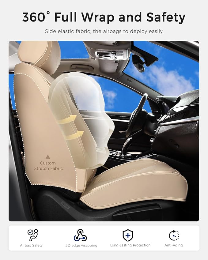 Huidasource Beige Seat Covers, Nappa Leather Car Seat Cover with Lumbar Support, Ventilation Holes, Velcro Adjustable, Airbag, Full-Coverage Seat Covers, Universal Fit for Most Cars SUV Trucks, Beige
