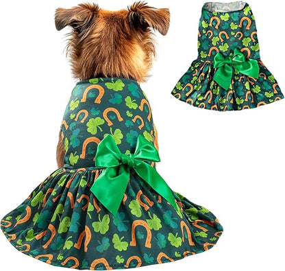 St. Patrick's Day Dog Costume Dress L, Green Clover and Horseshoe Print with Satin Bow, Pet Dress for 11-13 lbs Dogs and Cats, Festive Holiday Clothing