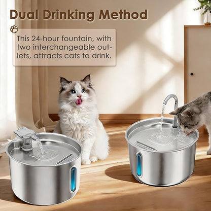 Stainless Steel Cat Water Fountain, 74oz/2.2L Automatic Pet Water Dispenser with 3 Replacement Filters & 2 Replacement Water Outlets, Quiet Indoor Drinking Fountain for Cats Dogs, Water Level Window