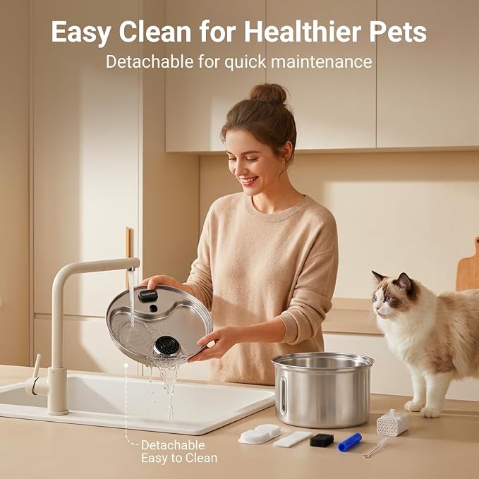304 Stainless Steel Cat Water Fountain, 118oz/3.5L Pet Drinking Fountain for Cats and Small Dogs, Ultra-Quiet, Dishwasher Safe, Water Level Window, Cat Fountain with Smart Pump Protection