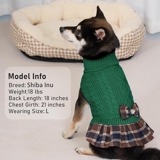 KYEESE Dog Sweater Warm Puppy Sweater Dress Soft Pullover Pet Coats Stretchy Knitwear Dog Sweaters for Small Dogs Male Thick Dogs Clothes with Bowtie Comfy Turtleneck Cat Sweaters, Green, X-Small