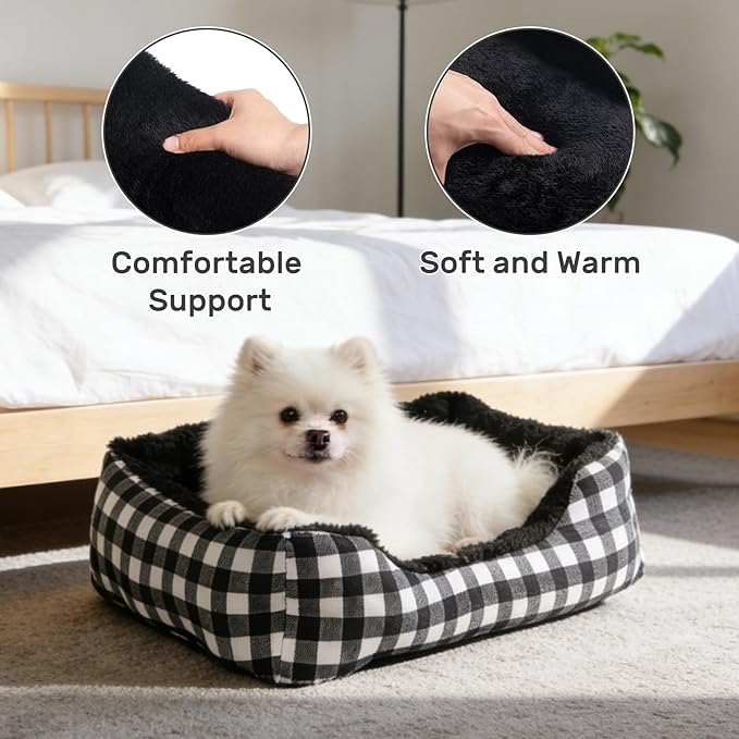 Hollypet Rectangle Plush Dog Cat Bed Self-Warming Pet Bed, Black Check