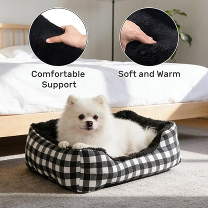 Hollypet Rectangle Plush Dog Cat Bed Self-Warming Pet Bed, Black Check