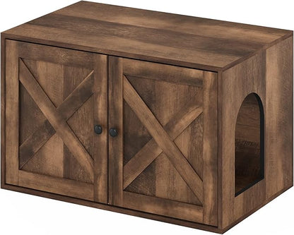 Furinno PELI Cat Litter Box Enclosure, Farmhouse Hidden Litter Box Furniture with Side Entrance, Wooden Pet House with 2 Slatted Doors, Easy Assembly, for Living Room, Rustic Brown