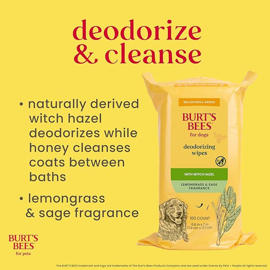 Burt's Bees Dog Wipes for Daily Grooming - Deodorizing Pet Wipes for Dogs, Cleans Paws & Face - A Waterless Bath & Dog Grooming Supply with Witch Hazel - Plant Based Dog Wipes, 100 Count