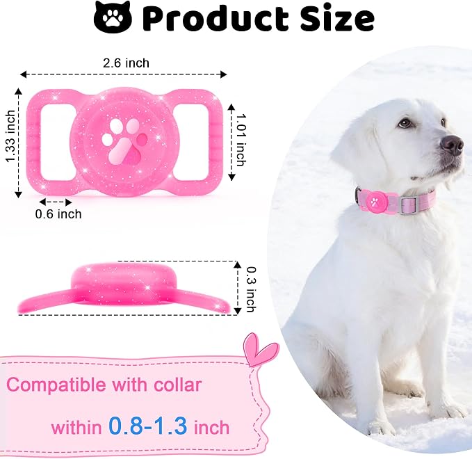 SANKALA Luminous Airtag Dog Collar Holder, Pink Glitter, 1 Pack | Glittery, Waterproof, Silicone Full Body Covered Anti-Lost Protective, Fits All Width Pet Collars, for Airtag 1st and 2nd Gen