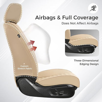 Huidasource Beige Front Seat Covers, Leather Car Seat Covers Front Seats, Driver Seat Cover Waterproof, Airbag Compatible, Universal Fit for Most Cars, Vans, Trucks, SUVs (Front Pair/Beige)