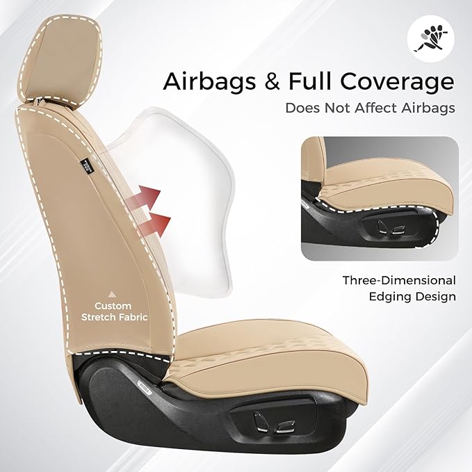 Huidasource Beige Seat Covers, Nappa Leather Car Seat Covers, Velcro Adjustable, Compatible with Airbags, Armrests, Child Seat, Universal Fit for Most Cars, Vans, Trucks, SUVs (Full Set/Beige)