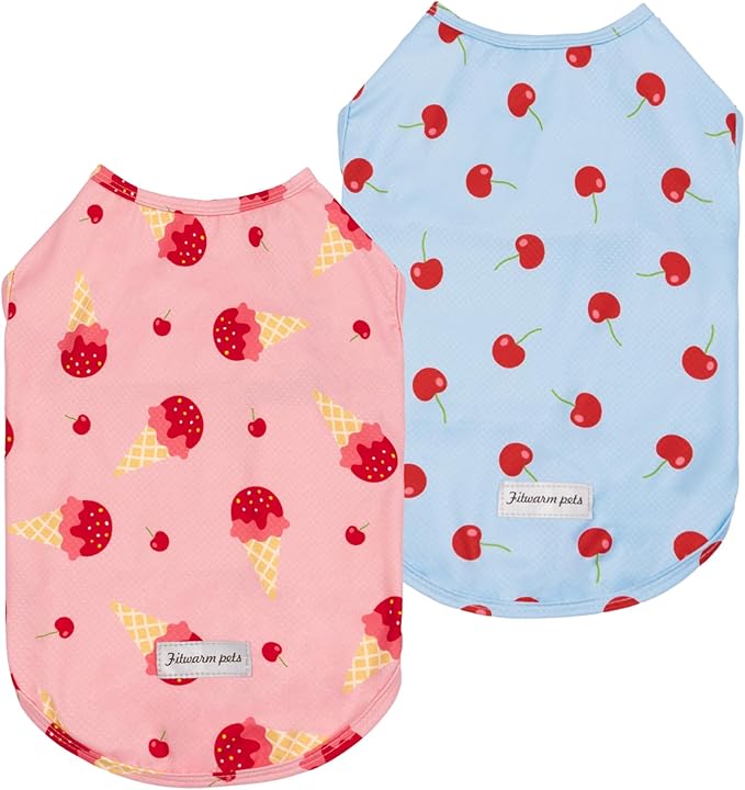 Fitwarm 2 Pack Ice Cream & Cherry UPF 50+ UV Sun Protection Dog Shirt, Lightweight Cooling Vest, Quick Dry Summer Clothes for Small Dogs Girl, Pet Outfit, Pink, Light Sky Blue, XXL