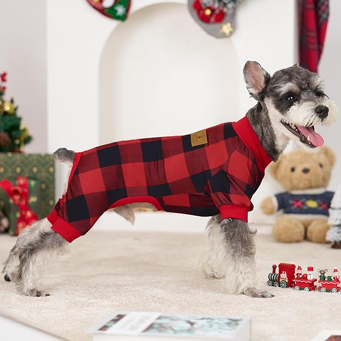 XPUDAC 4 Pack Dog Pajamas for Small Dogs Cats Plaid Doggie Clothes Puppy Onesies Christmas Pajamas Jumpsuits Pet Pjs Shirt Apparel 2X-Large, Red Green Khaki Grey