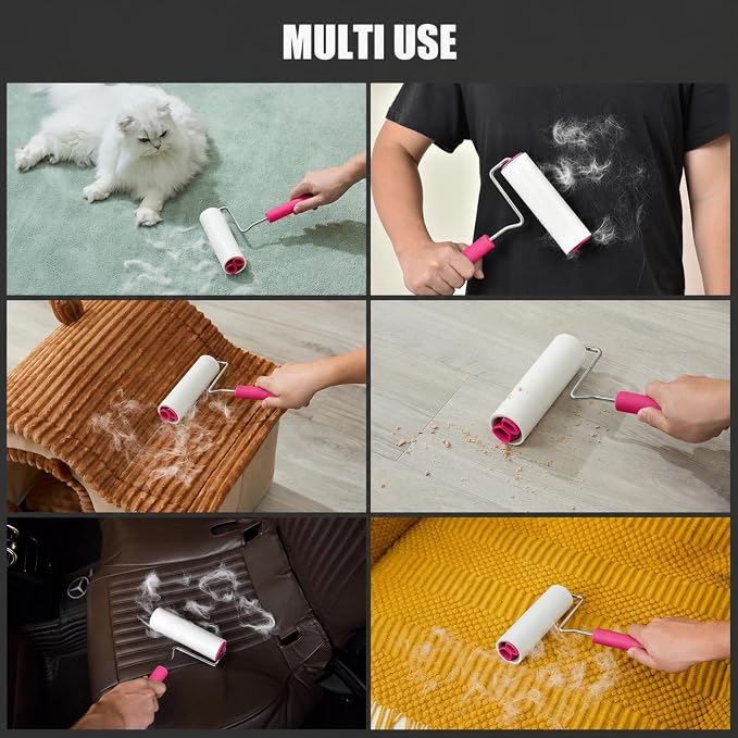 Extra Sticky Large Surface Lint Roller, 6.3''Wide Roller for Pet Hair | Long Handle Lint Remover for Couch, Furniture, Clothes, Dog & Cat Hair Remover (1 Roller+270 Sheets(Pink))