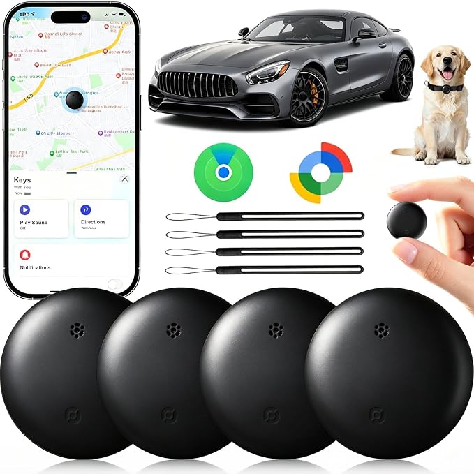 GPS Tracker for Vehicles No Subscription, iOS & Android Dual System | Precise Location Car Tracker Tag, IP66 Waterproof Bluetooth Tracker Device for Key, Luggage, Wallet, Kid and Pet (4 Pack)