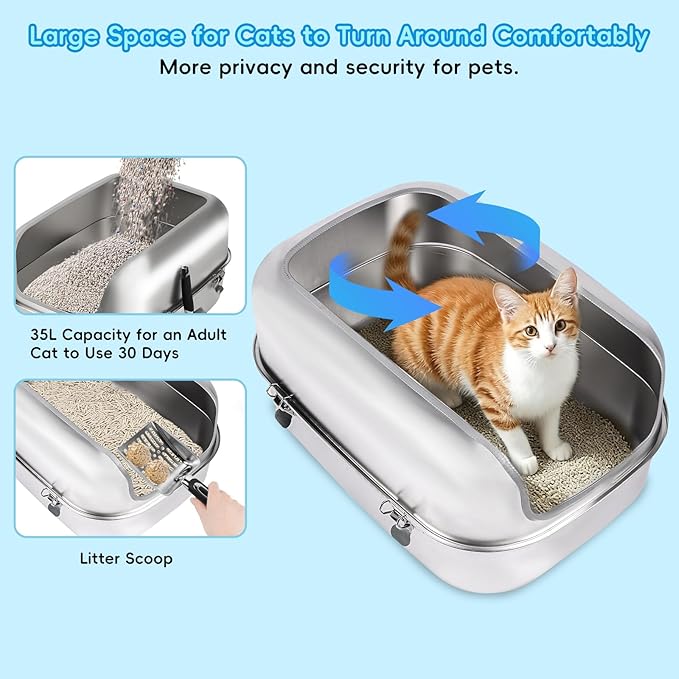 Stainless Steel Cat Litter Box, 23.6" L x 15.7" W x 11.8" H Extra Large Semi Enclosed Removable Metal Litter Tray with High Sided Enclosure, Scoop, Non-Sticky, Easy Cleaning