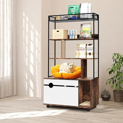 2-in-1 Hidden Cat Litter Box Enclosure Furniture with 4-Tier Shelves & Scratching Post, Large Wooden Cat Litter Cabinet for Most Litter Boxes, Brown