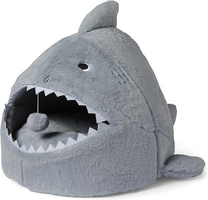 Amazon Basics Cat House Shark Shape Cat Cave Bed for Indoor Cats, Cat Tent with Washable Cushioned Pillow, Kitten Lively Bed, 17x16x14 in,Grey