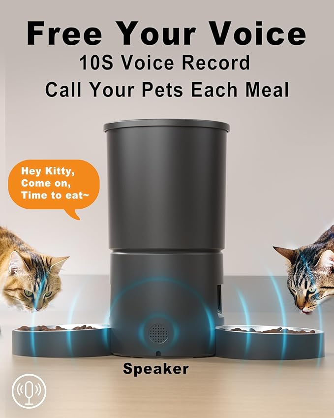 Miaosical Automatic Cat Feeder 2 Cats, 4.2L Dry Food Auto Dispenser with Double Bowls,Dual Power Supply,Programmable Portion Control,10s Voice Recorder(Black,Stainless Steel Bowls)