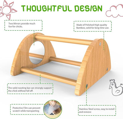 Mini Chick Perch with Mirror, Strong Bamboo Roosting Bar for coop and brooder, Training Perch for Baby Chicks, El Pollitos, La Pollita, Easy to Assemble and Clean, Fun Toys for Chick, 2 Pack