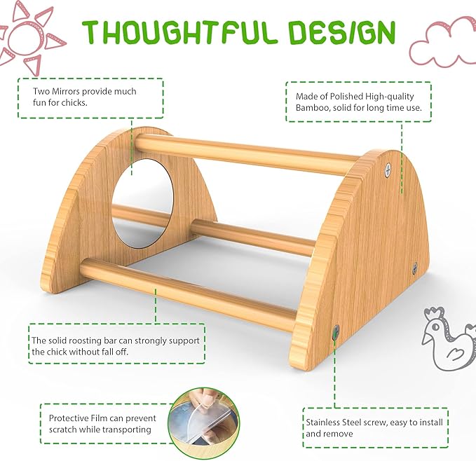 Mini Chick Perch with Mirror, Strong Bamboo Roosting Bar for coop and brooder, Training Perch for Baby Chicks, El Pollitos, La Pollita, Easy to Assemble and Clean, Fun Toys for Chick