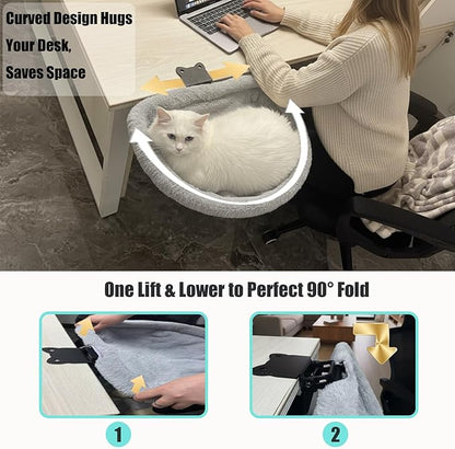 Cozy Winter Cat Desk Bed - One-Touch 90° Fold Down & Space-Saving Ergonomic Perch, Ultra-Plush Faux Rabbit Fur Sunken Nest for Remote Workers, Holds 40lb (18kg) - Perfect for Cats