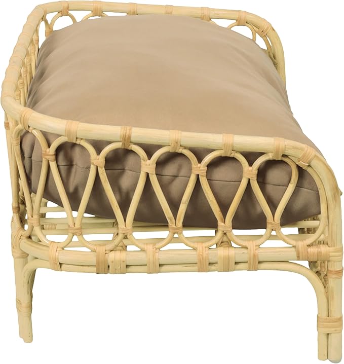 DBD1005B Elevated Pet Daybed 27.5" x 17", Handwoven Rattan Dog & Cat Bed with Machine Washable Cushion, Wicker Rattan Sofa for Small to Medium Pets, Bohemian Style, Light Brown