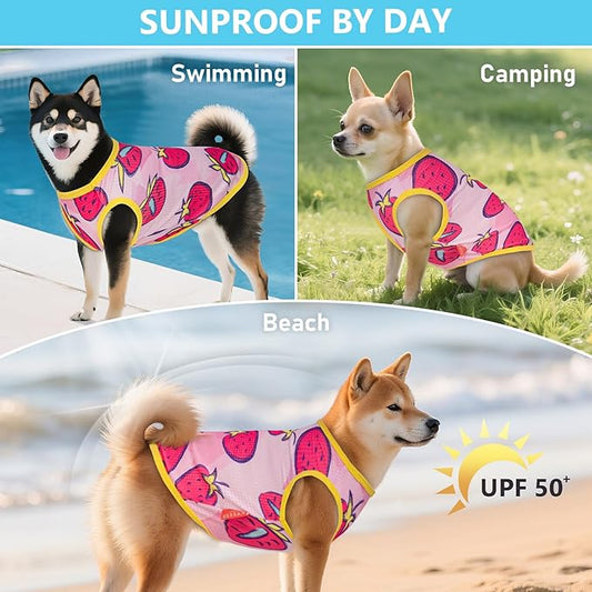 KYEESE 2Pack Dog Shirt, Lightweight Sun Protection Dog T Shirts for Small Dogs Girl, Breathable Mesh Tank Top Sleeveless Pet Reflective Vest, Soft Summer Dogs Clothes, Strawberry+Rose Red, L