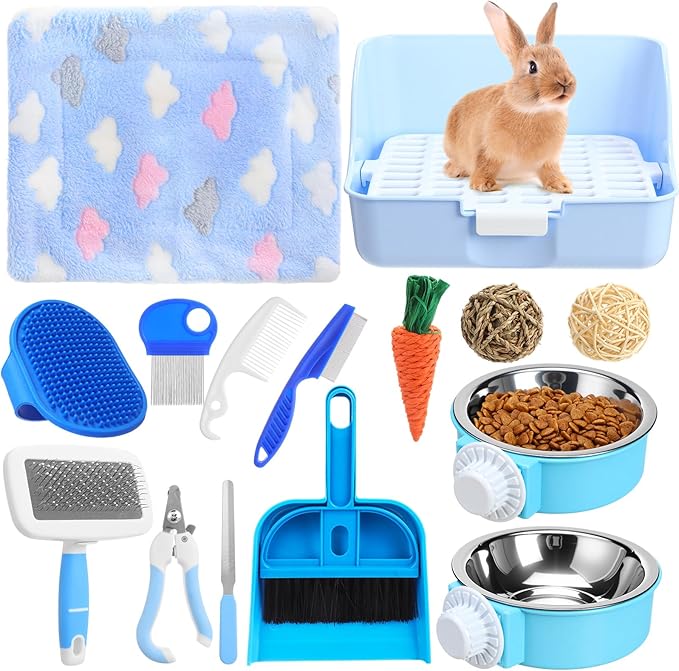 Reallnaive 15 Pcs Rabbit Starter Kit Small Rabbit Litter Box Girls Gift Animal Grooming Kit Bunny Toys Bowl Blankets with Cleaning Set for Guinea Pig Accessories(Candy Blue)