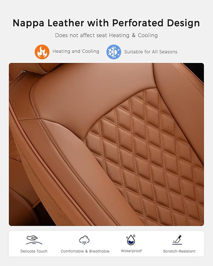 Huidasource Brown Seat Covers, Nappa Leather Car Seat Covers, Velcro Adjustable, Compatible with Airbags, Armrests, Child Seat, Seat Belts, Fit for Most Cars, Vans, Trucks, SUVs (Full Set/Brown)