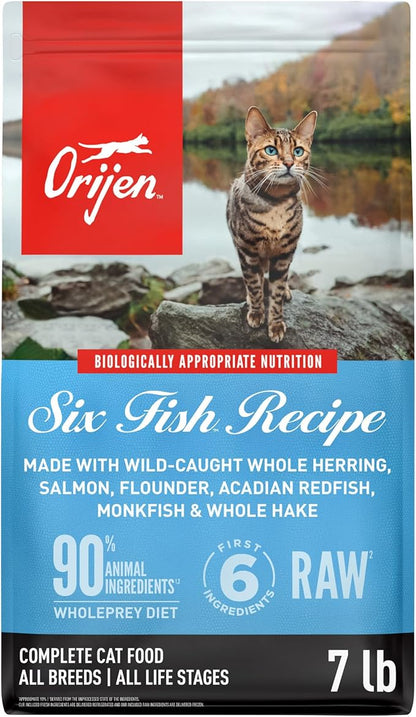 ORIJEN Grain Free High Protein Premium Dry Cat Food Six Fish Recipe 7lb Bag