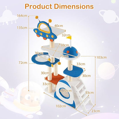 PETSITE 64.5 Inch Space-Themed Cat Tree, Multi-Level Cat Tower with Sisal Scratching Posts, UFO-Shaped Top Perch, Climbing Ladder, Hanging Star-Shaped Jingling Toys, Cute Cat Tree for Indoor Cats