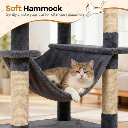 DORTALA 75" Tall Modern Cat Tree, Multi-Level Cat Tower with Large Condos, Sisal Scratching Posts, Top Perch, Hammock, Dangling Balls, Kitten Beds & Climbing Furniture for Indoor Cats (Grey)