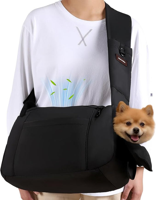 Dog Carrier Sling, Cat Sling Carrier, Adjustable Soft Padded Shoulder Strap with Storage Pocket, Small Dog and Cats Sling Carriers up to 10 lbs, Hands-Free Pet Carrier for Travel Hiking Walking Black