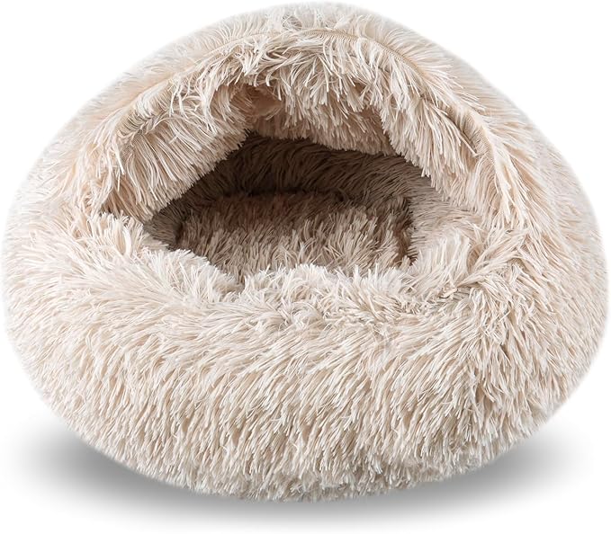 FORMYCATIE Cat Beds for Indoor Cats,Cat Cave for Puppy and Kitty,Calming Small Dog Bed for Small Dogs with Cover Cave,Cozy Warming Fluffy Washable Anti-Slip Pet Sleeping Bag(20 * 20inch,Beige)