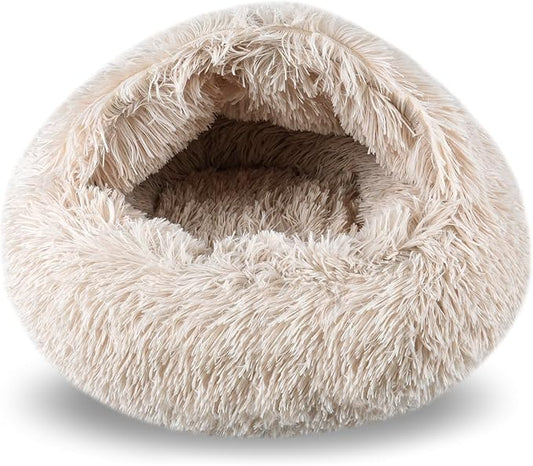 FORMYCATIE Cat Beds for Indoor Cats,Cat Cave for Puppy and Kitty,Calming Small Dog Bed for Small Dogs with Cover Cave,Cozy Warming Fluffy Washable Anti-Slip Pet Sleeping Bag(20 * 20inch,Beige)