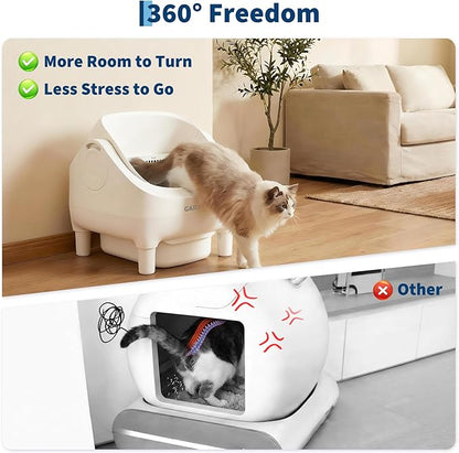Self Cleaning Litter Box, Automatic Cat Litter Box with APP Control, Odor-Free Waste Disposal Includes Trash Bags, Large Waste Bin, Open-Top Automatic Litter Box for Multiple Cats, White