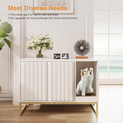 Halitaa Litter Box Enclosure, Modern Cat Litter Box Furniture Hidden Litter Box with Scratch Pad, Cat Washroom House End Table, Entryway Bench for Livingroom (White)