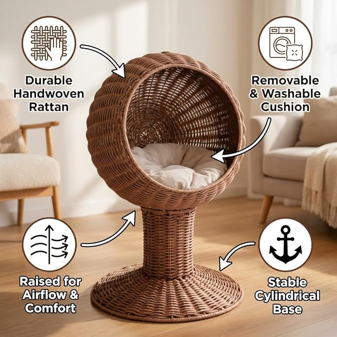 Elevated Cat Basket Bed, Cat Bed with Removable Cushion, Breathable Wicker Pet Bed for Indoor Cats, cat Litter Box Raised Design for Air cat Litter Boxes Circulation, Durable Handw