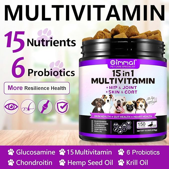 Dog Vitamins and Supplements, 15-in-1 Dog Multivitamin Chews with Glucosamine and Probiotics, Natural Daily Vitamins Treats for Dogs, Pet Health Support-Skin-Immunity-Gut Digestion-Joint-Heart,150pcs