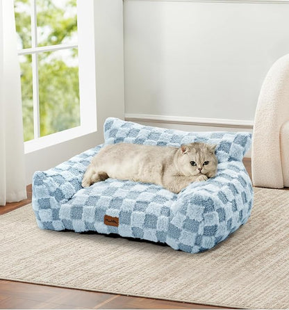 Made4Pets Cat Beds for Indoor Cats, Cat Couch Bed, Soft Faux Fur Checkered Pet Sofa, Calming Fluffy Kitten Sofa with Supportive Foam, Removable Washable Cover with Non-Slip Base, Sky Blue, Small