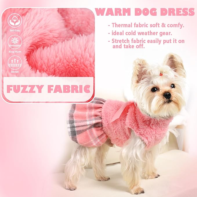 Winter Dog Dresses for Small Dogs Girl Turtleneck Pink Sweater Dress with Plaid Hem Soft Warm Fleece Clothes Female XXS Puppy Pet Coat Size XX-Small