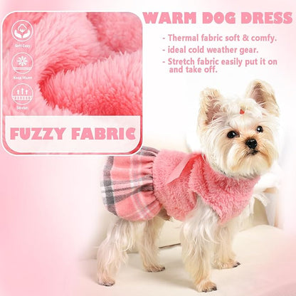 Dog Dress Female Sweater for Small Dogs Girl Winter Flannel Warm Pet Puppy Cat Princess Plaid Dresses Clothes (X-Small, Pink)